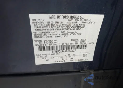 2016 Ford Taurus Sel z USA, uszkodzony, nr VIN 1FAHP2E97GG146677
